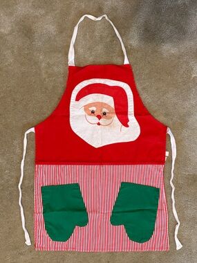 Vintage Russ Christmas Santa Red White & Green Striped Waist-Tie Apron